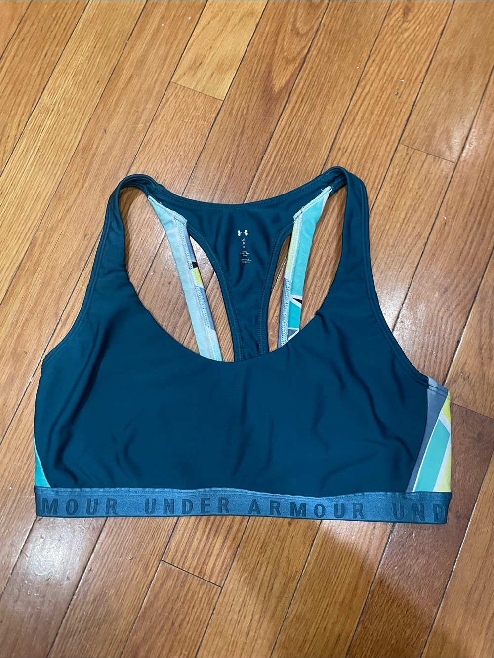 Under Armour Teal Racerback Sports Bra with Multicolor Stripe Accents- Size L